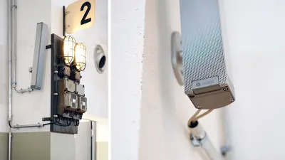 Old meets new: modern Bosch loudspeakers hang next to older instruments.